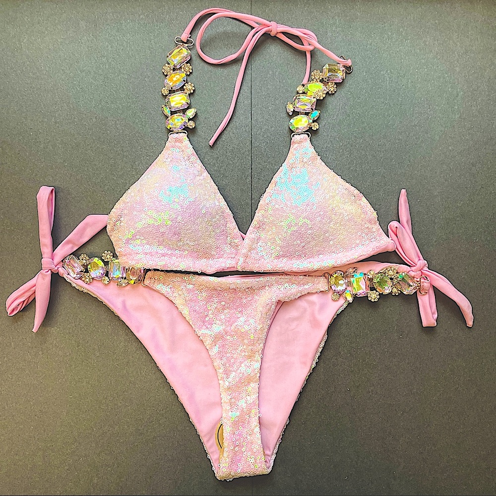 Pink Sequin Triangle Tie Side Bikini Swimsuit Two-piece Sexy 💎 Jewels Gems